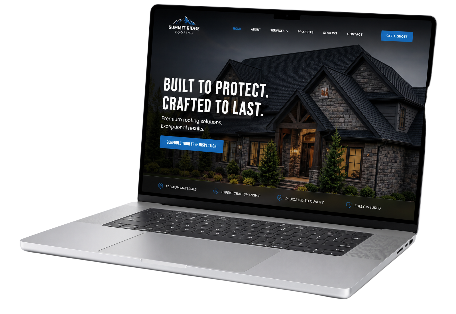 Premium roofing company website designed by Knox Growth displayed on a laptop