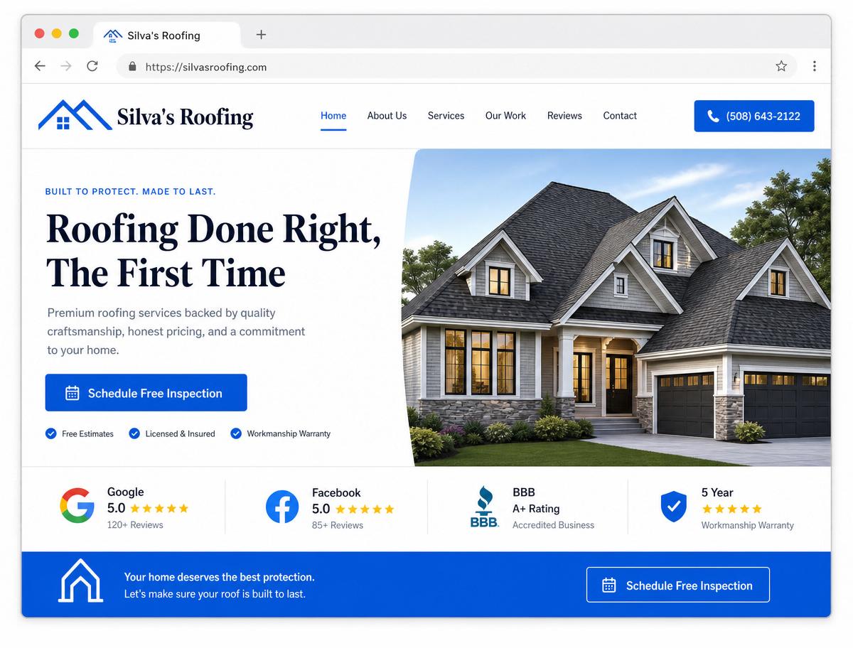 Roofing website designed by Knox Growth for Silva's Roofing & More